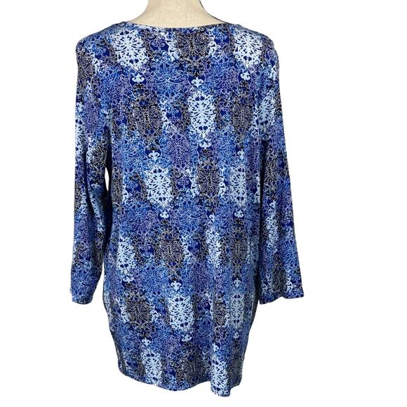 NY Collection X-Large Top Geometric 3/4 Sleeve Ruffled Keyhole Neck Stretch Blue - Picture 3 of 7